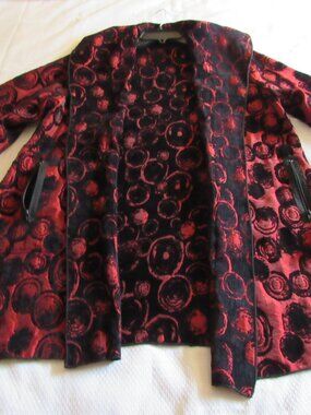 UBU Evening Wrap Jacket Cardigan Duster L Zip Pockets Black Dark Red Burnout